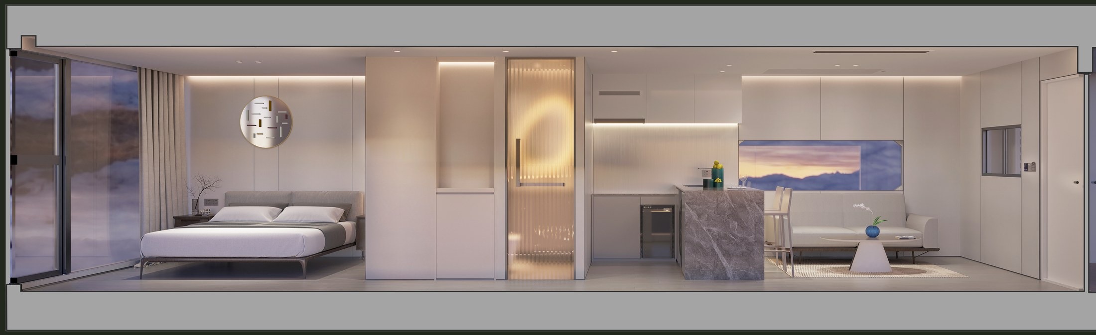 Corte longitudinal de la Cápsula Signature A7 en acabado claro: recámara, baño completo, zona de cocina y sala–comedor