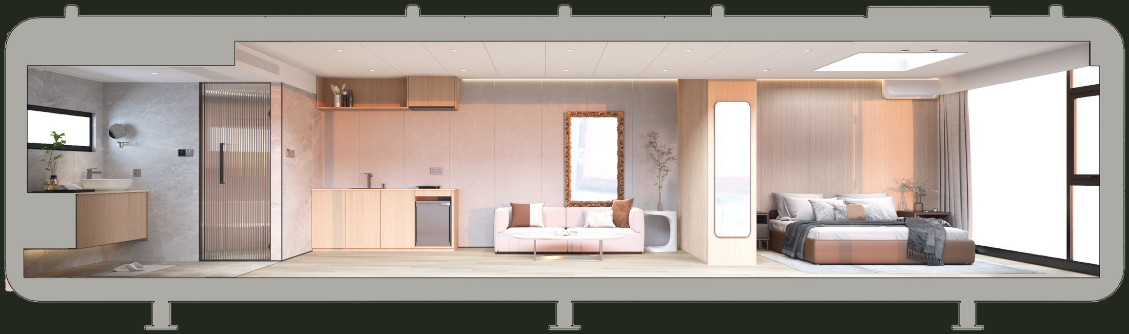 Corte longitudinal de la Cápsula Signature K7 en acabado cálido de madera: baño completo, zona de cocina, sala–comedor y recámara