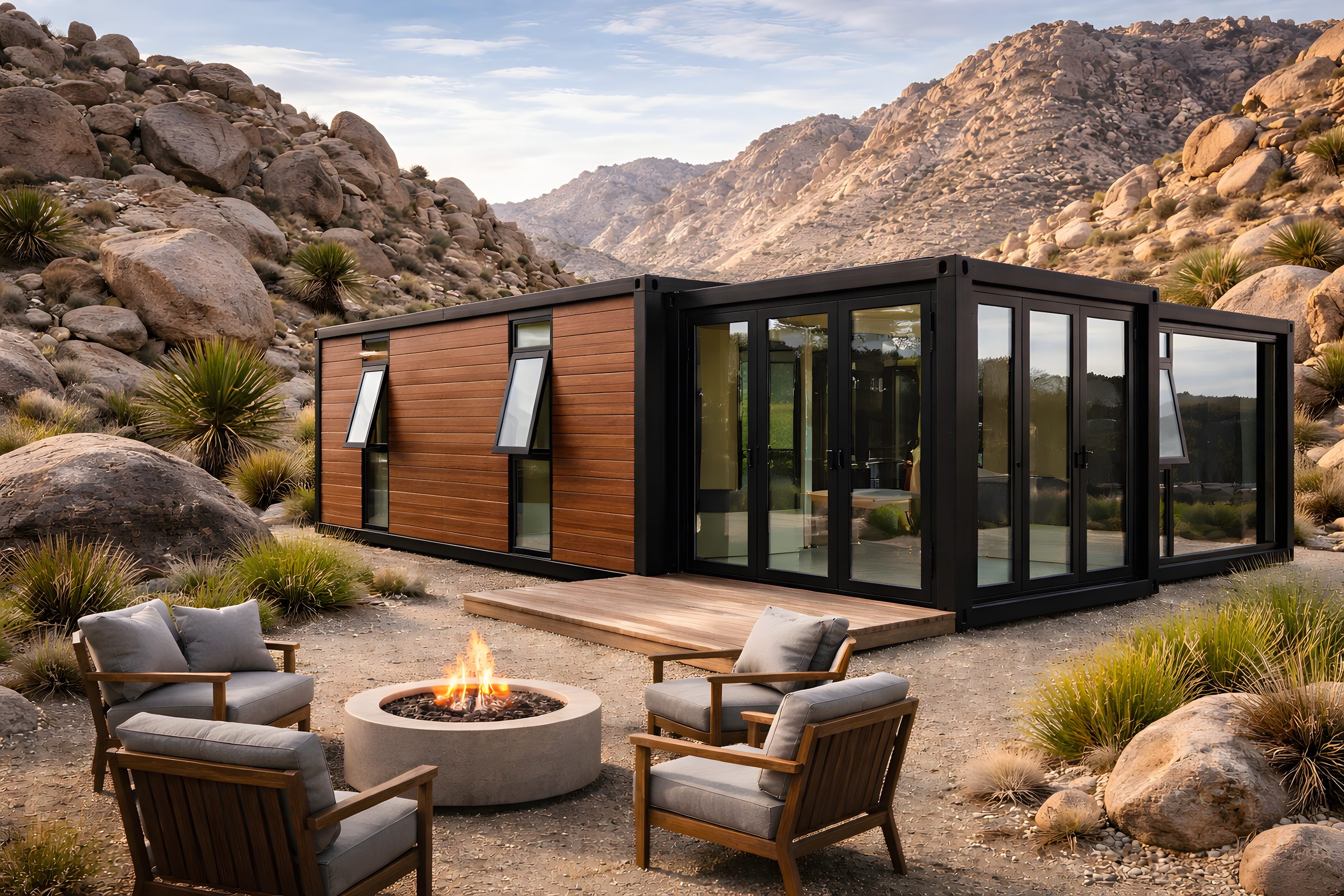 Casa modular AVITA moderna con paneles solares al atardecer