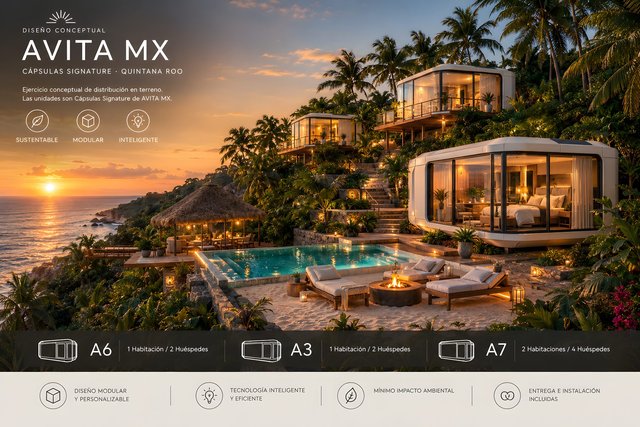 Idea conceptual en Quintana Roo — cápsulas escalonadas en la colina