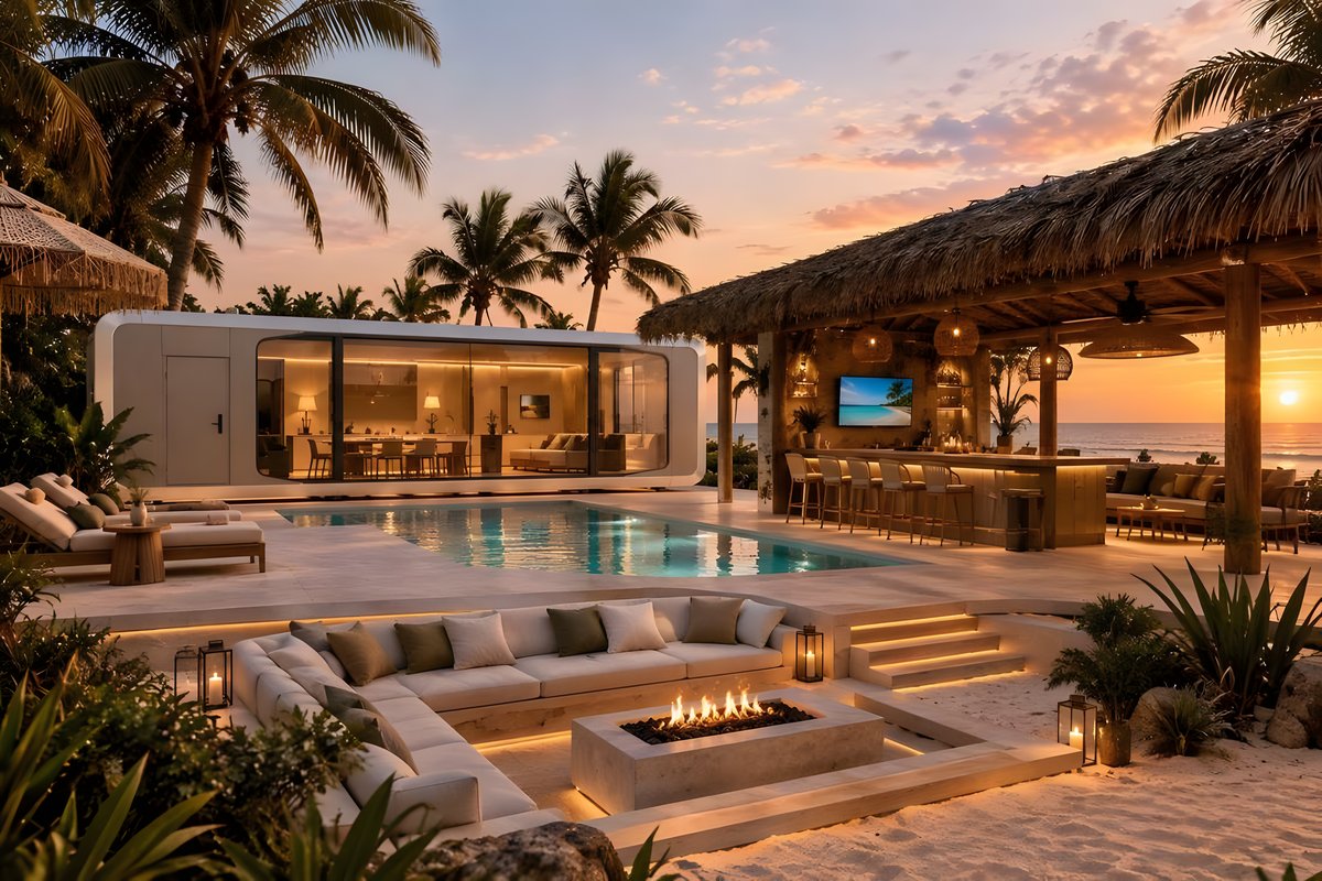 Desarrollo con Cápsula Signature, alberca, palapa y fogatero frente al mar