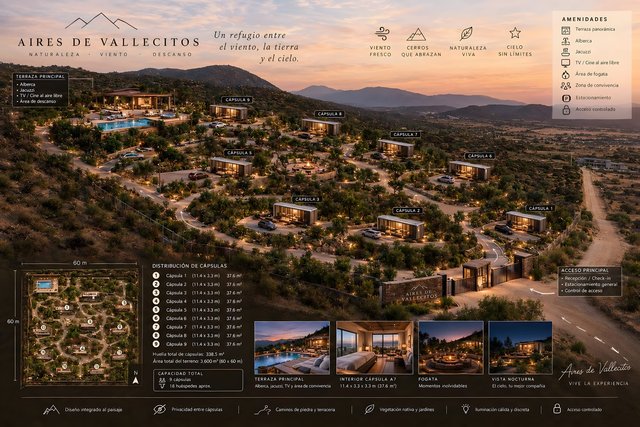 Idea conceptual en Vallecitos — nueve cápsulas, alberca y áreas comunes en un terreno de 3,600 m²