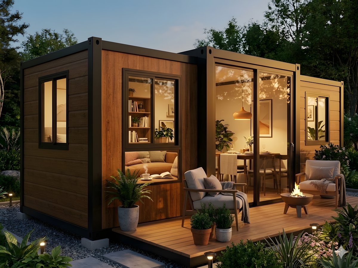 Casa modular AVITA Mini AV-10 instalada y ambientada al anochecer